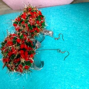 Pom Pom Earrings Red, Green & Gold Pre-owned